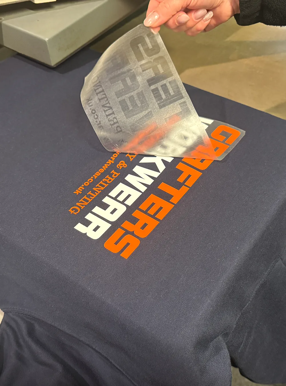 'Grafters Workwear', heat transferred onto a tshirt'